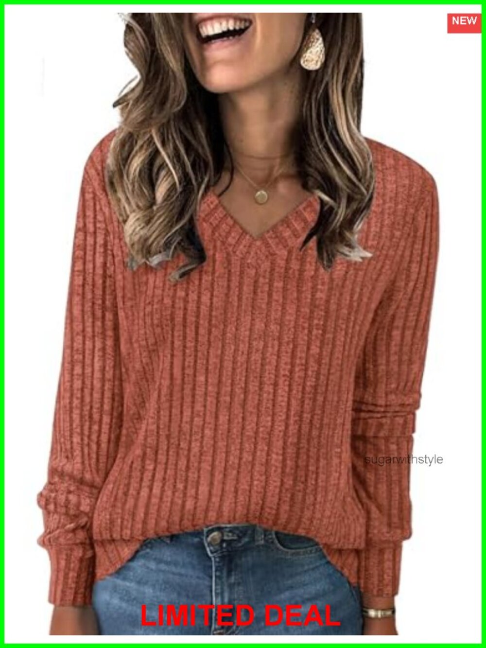 Women's V-Neck Long Sleeve Loose Fit Tunic Sweater for Fall